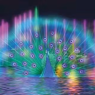 Grande fontana galleggiante sul lago con musica laser