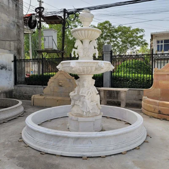 Fontana d'acqua a 3 livelli in marmo bianco scolpito a mano da giardino all'aperto di dimensioni personalizzate in vendita